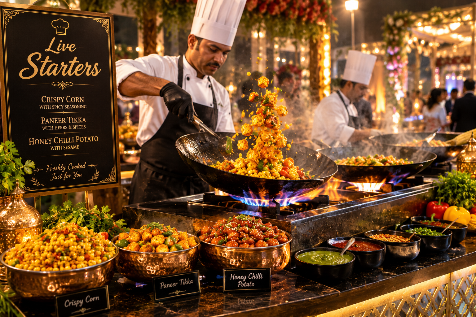 Chefs preparing hot starters at a live catering counter.