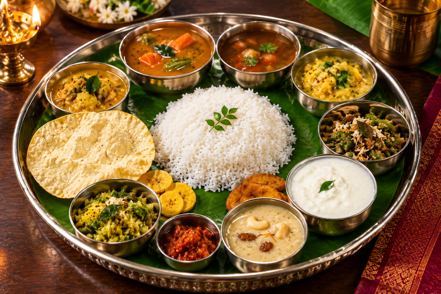 A colorful South Indian feast with rice, curries, and traditional accompaniments.
