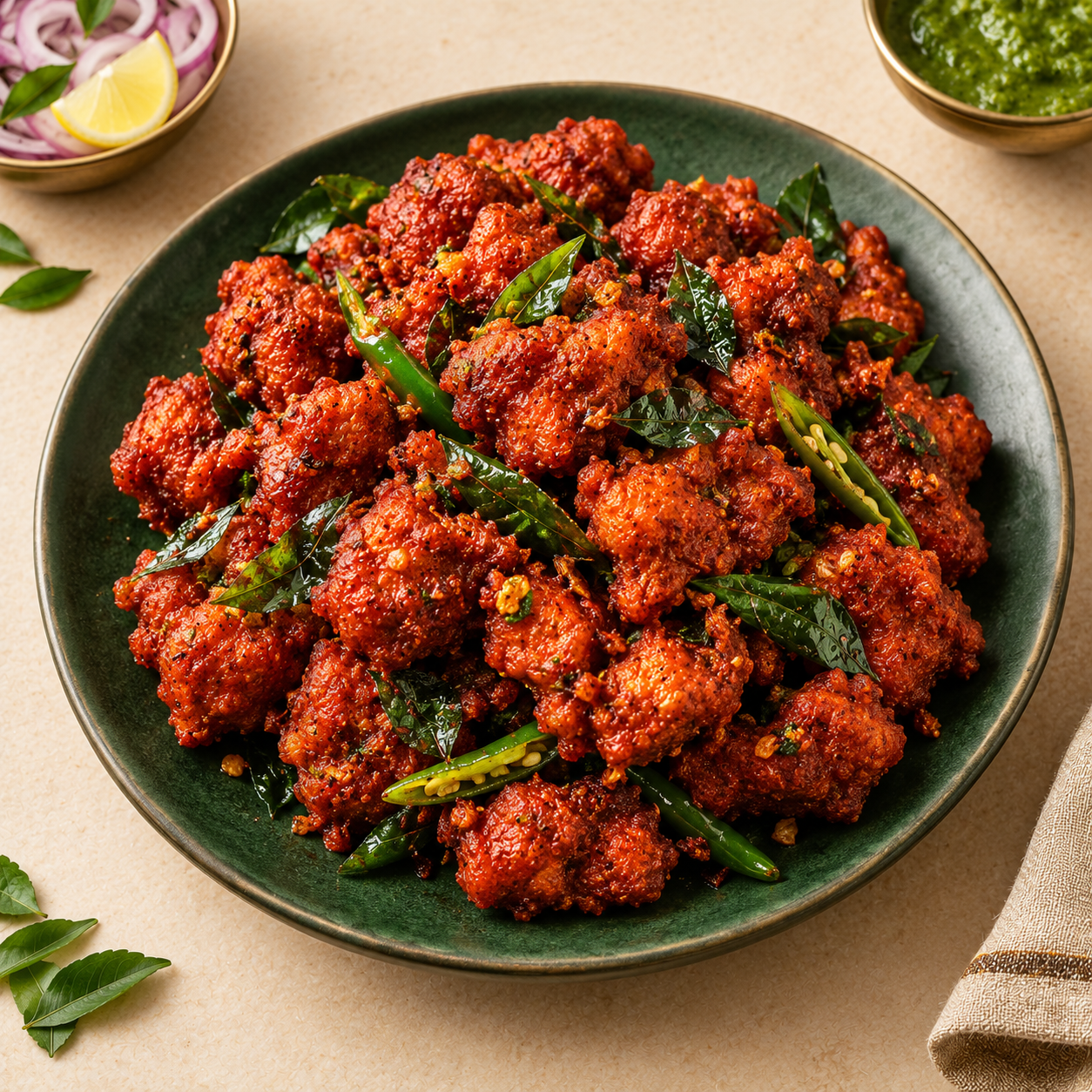 Chicken 65 served with curry leaves