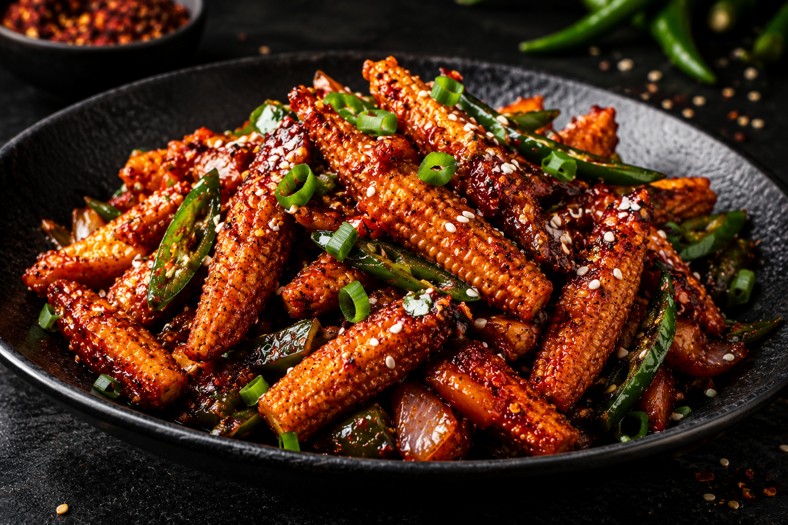 Chilli baby corn with sliced vegetables