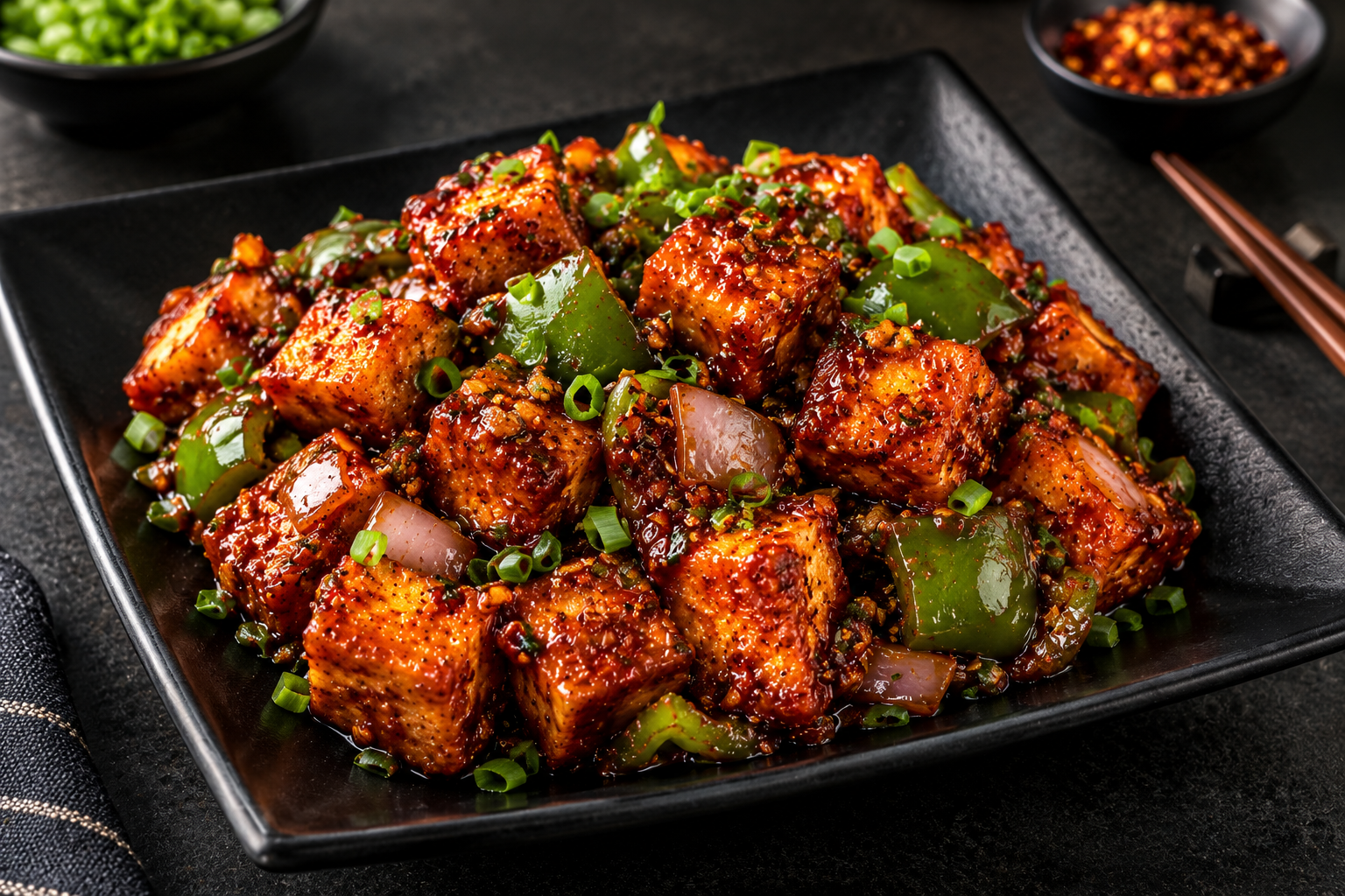 Chilli paneer prepared with peppers and sauce