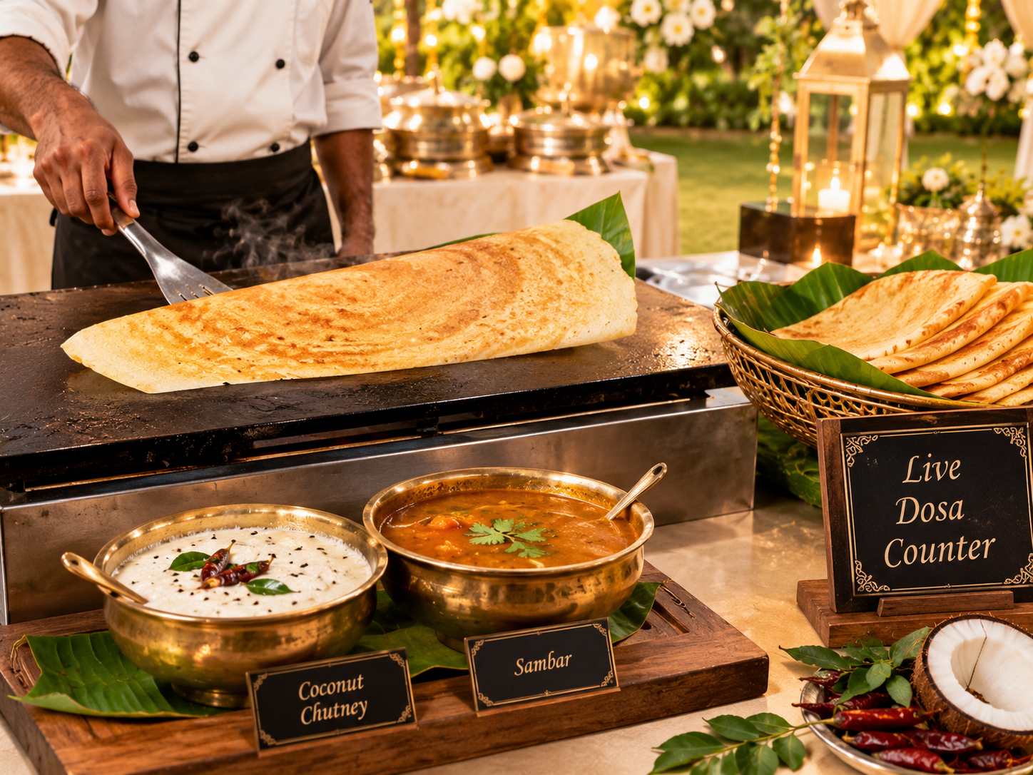 A live savory counter at a catered event