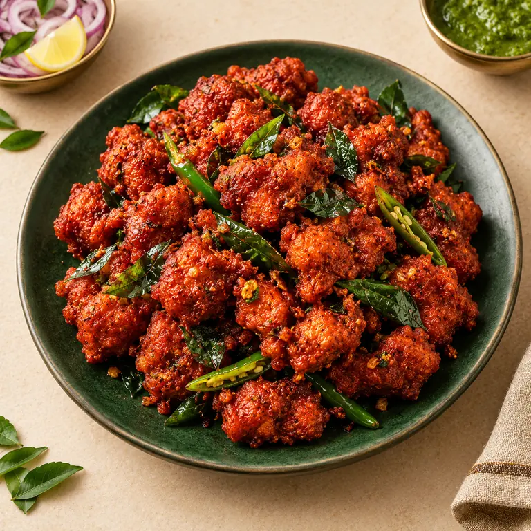 Chicken 65 served with curry leaves