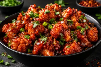 Gobi Manchurian garnished with spring onion