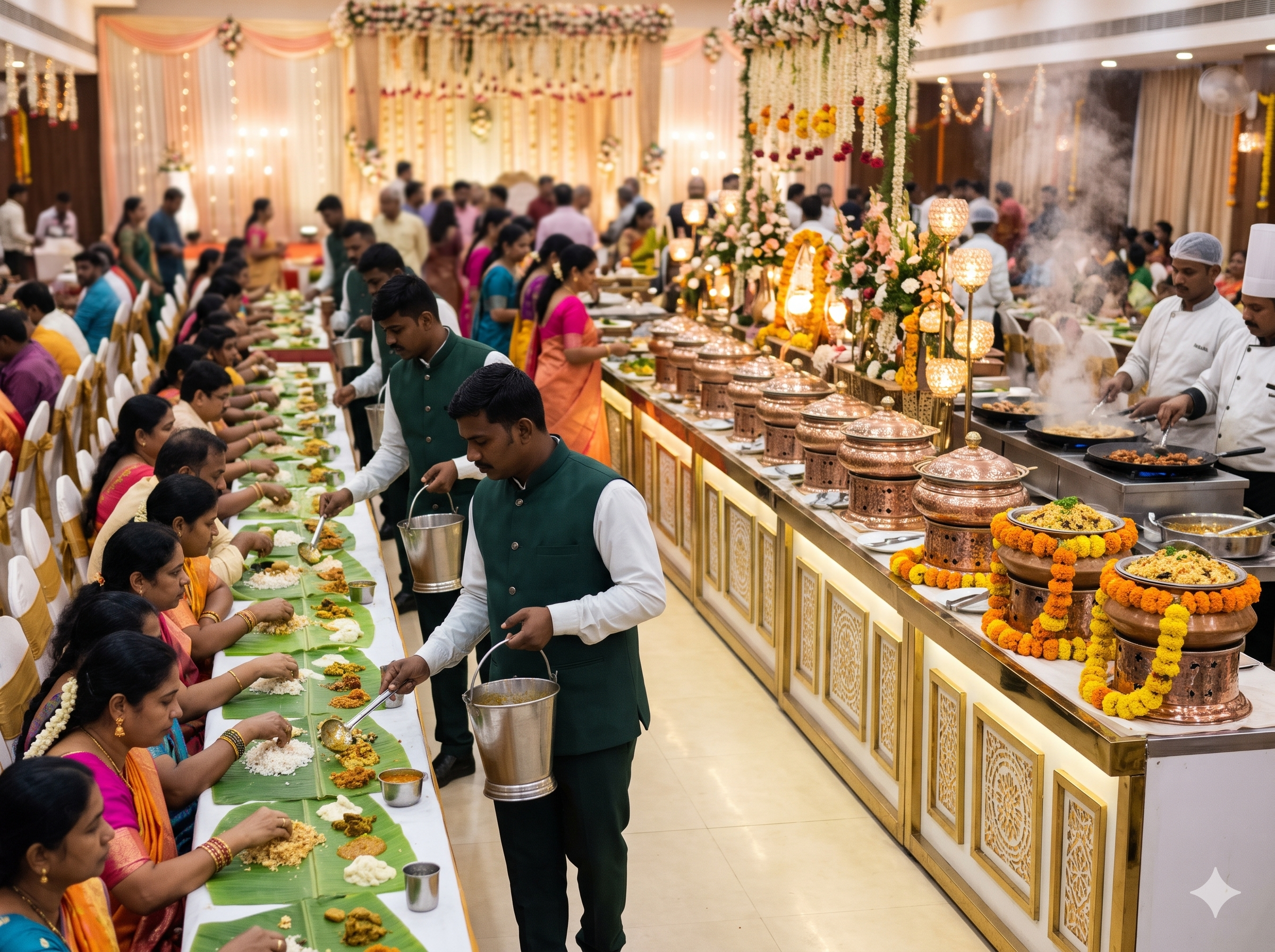 A wedding reception venue set for a catered celebration.
