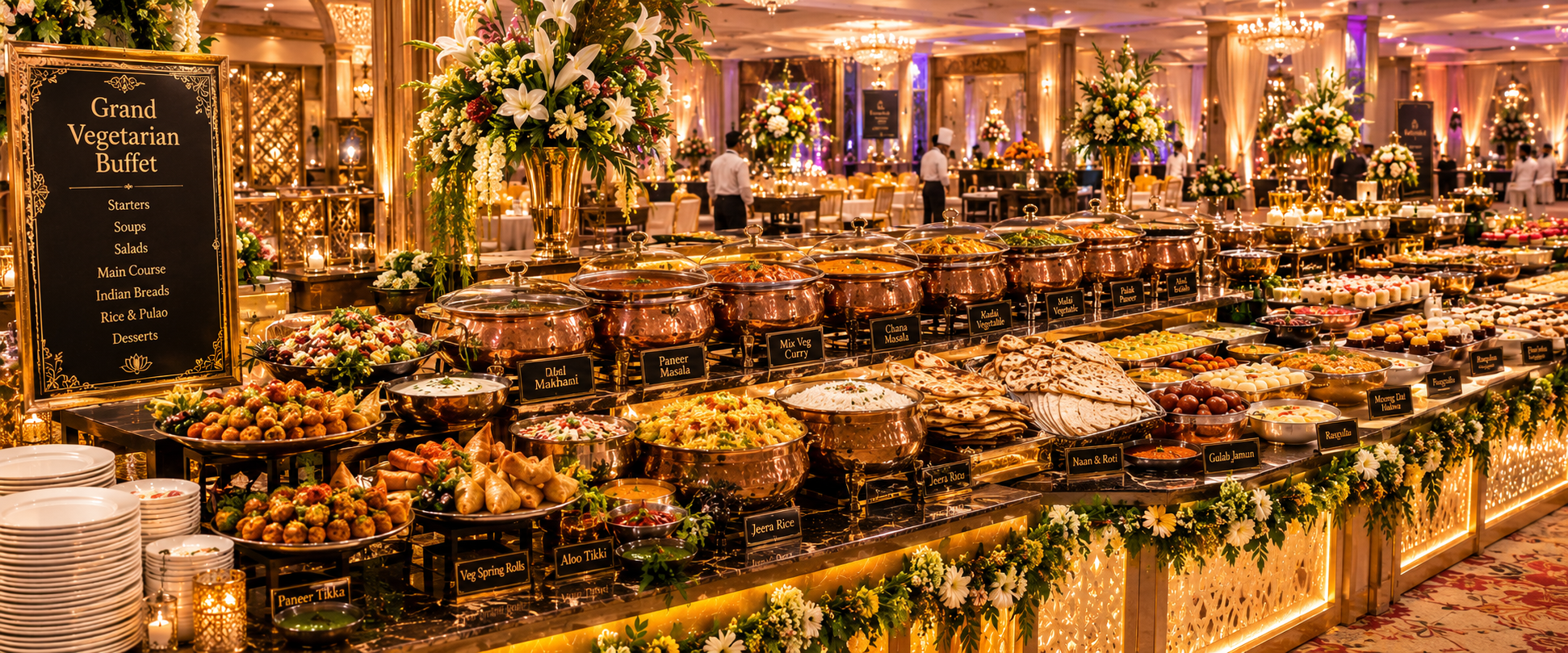 A wide buffet spread featuring an assortment of Indian dishes.